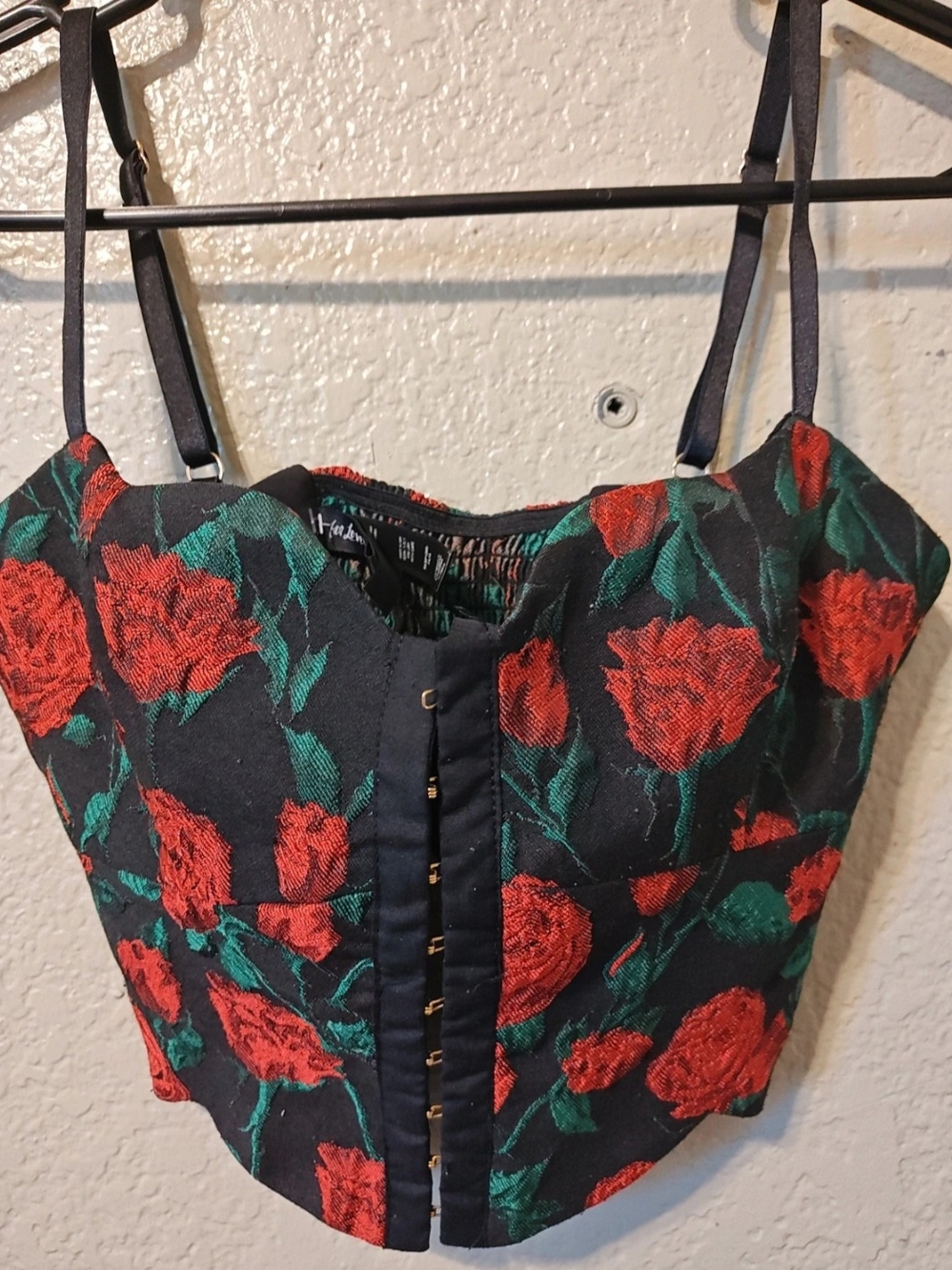 For Love & Lemons Black Bustier Top with Red Rose Print
